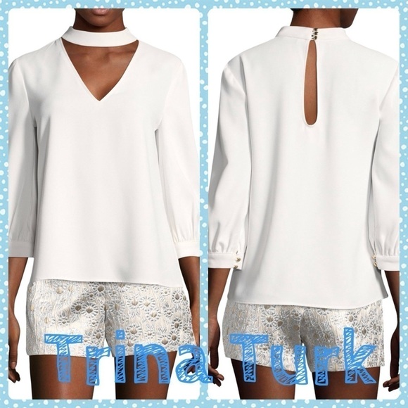 Trina Turk 3/4-SLEEVE choker v-neck TOP white - Picture 1 of 14